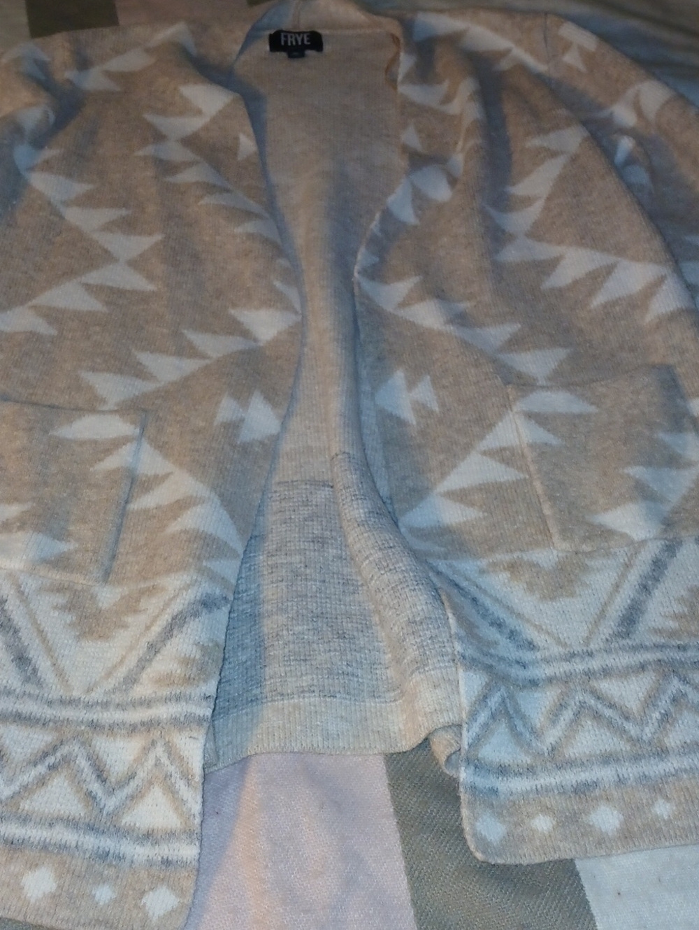 FRYE Cream and Light Gray Geometric Open Cardigan